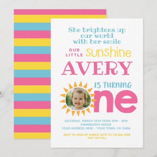 Little Sunshine 1st Birthday met foto Kaart (Voorkant / Achterkant)
