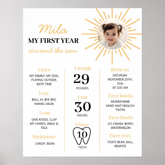 Little Sunshine 1st Birthday Milestone Poster (Voorkant)