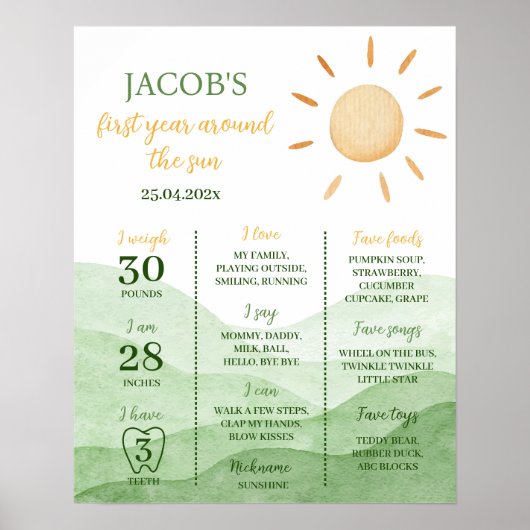Little Sunshine 1st Birthday Milestone Poster (Voorkant)