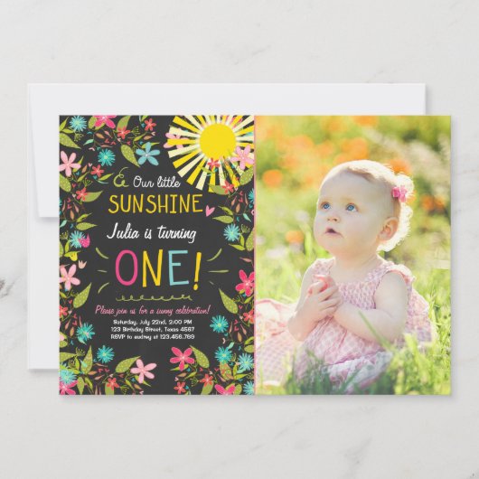 Little Sunshine Birthday Party Invitation Floral Kaart (Voorkant)