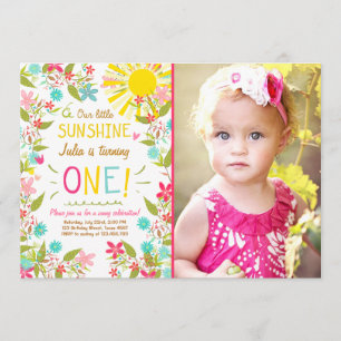 Little Sunshine Birthday Party Invitation Floral Kaart