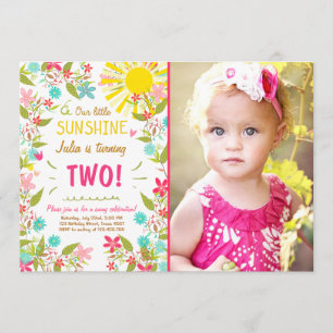 Little Sunshine Birthday Party Invitation Floral Kaart