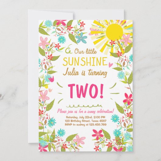 Little Sunshine Birthday Party Invitation Floral Kaart (Voorkant)