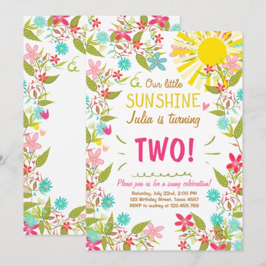 Little Sunshine Birthday Party Invitation Floral Kaart (Voorkant / Achterkant)