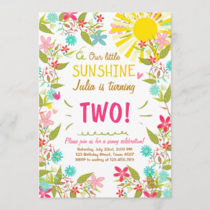 Little Sunshine Birthday Party Invitation Floral Kaart