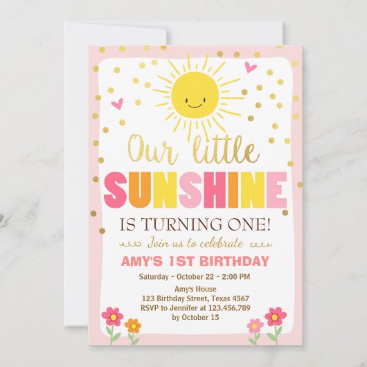 Little sunshine Birthday-uitnodiging Roze Gold Gir Kaart (Voorkant)