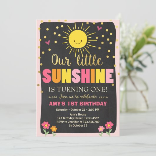 Little sunshine Birthday-uitnodiging Roze Gold Gir Kaart (Staand voorkant)