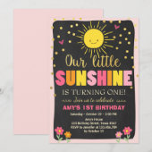 Little sunshine Birthday-uitnodiging Roze Gold Gir Kaart (Voorkant / Achterkant)