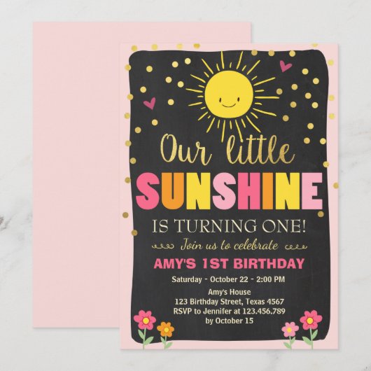 Little sunshine Birthday-uitnodiging Roze Gold Gir Kaart (Voorkant / Achterkant)