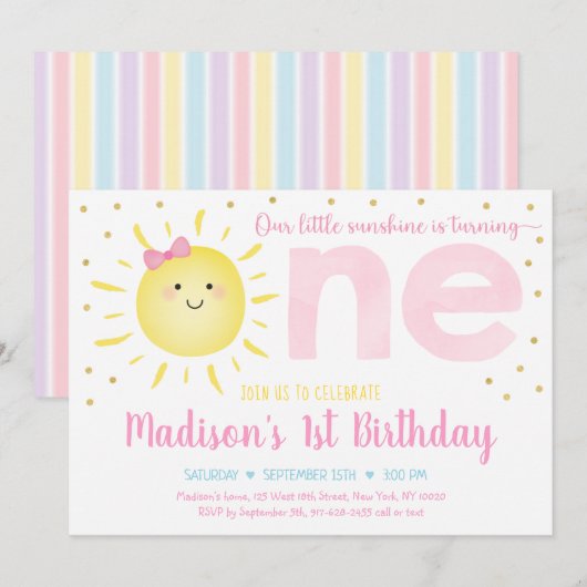 Little Sunshine Pastel Pink Gold First Birthday Kaart (Voorkant / Achterkant)