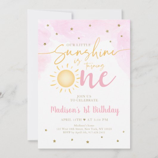Little Sunshine Pink Gold 1e Verjaardag Kaart (Voorkant)