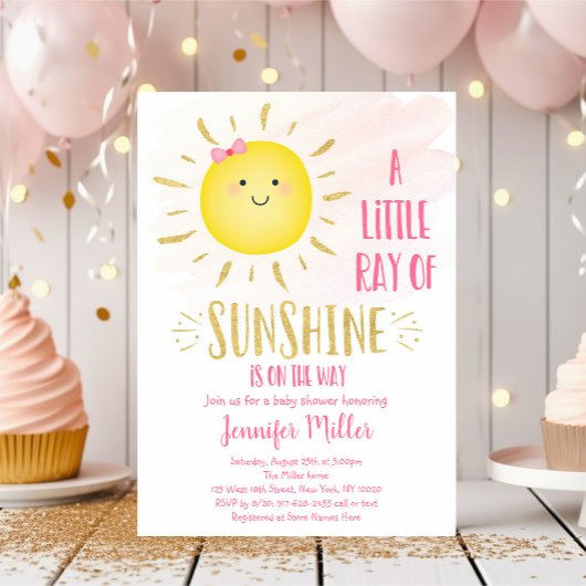 Little Sunshine Pink & Gold Baby shower Kaart