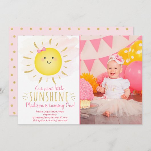 Little Sunshine Pink & Gold Birthday Kaart (Voorkant / Achterkant)