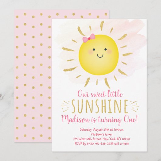 Little Sunshine Pink & Gold Birthday Kaart (Voorkant / Achterkant)