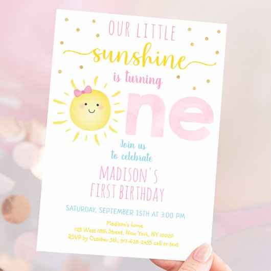 Little Sunshine Pink Gold First Birthday Kaart
