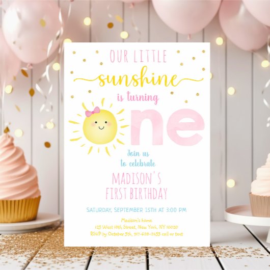 Little Sunshine Pink Gold First Birthday Kaart