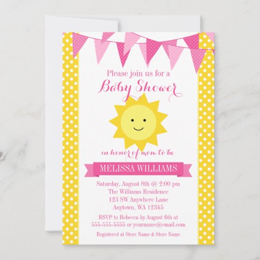 Little Sunshine Pink Yellow Bunting Baby shower Kaart (Voorkant)