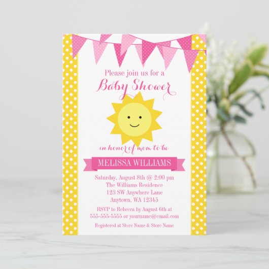 Little Sunshine Pink Yellow Bunting Baby shower Kaart (Staand voorkant)