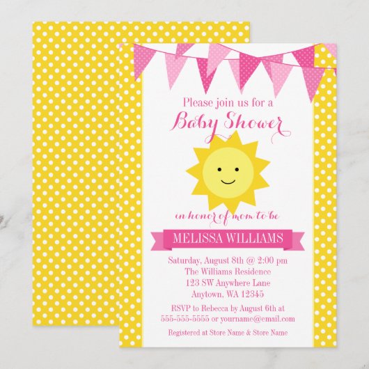 Little Sunshine Pink Yellow Bunting Baby shower Kaart (Voorkant / Achterkant)