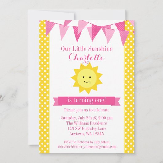 Little Sunshine Pink Yellow Bunting Birthday Kaart (Voorkant)