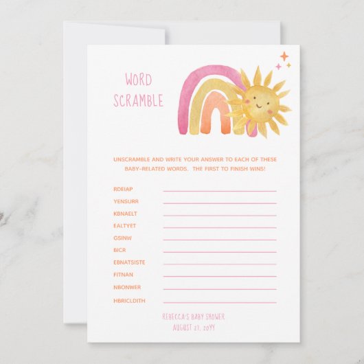 Little Sunshine |Rainbow Baby shower Word Scramble Kaart (Voorkant)