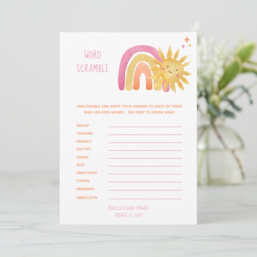 Little Sunshine |Rainbow Baby shower Word Scramble Kaart (Staand voorkant)