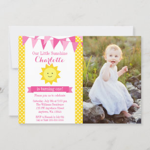 Little Sunshine roze geel Bunting Verjaardag Foto Kaart