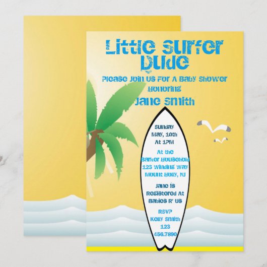 Little Surfer Dude Baby shower Uitnodigen Kaart (Voorkant / Achterkant)