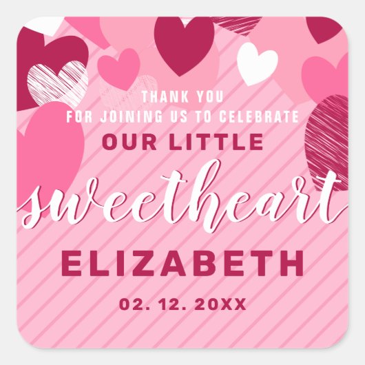 Little Sweet Heart Pink Birthday Bedankt Vierkante Sticker (Voorkant)