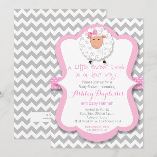 Little Sweet Lamb Girl Baby shower Uitnodiging (Voorkant / Achterkant)