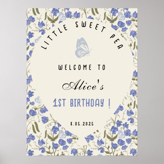 Little Sweet Pea Blue en Cream 1e verjaardag Poster (Voorkant)
