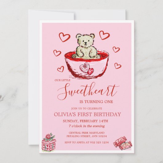 Little Sweetheart Birthday Bear Hearts Invitation Kaart (Voorkant)