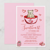 Little Sweetheart Birthday Bear Hearts Invitation Kaart (Voorkant / Achterkant)