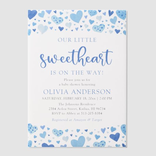 Little Sweetheart Blue Boy Valentijn Baby shower Vellum Uitnodigingen (Voorkant)