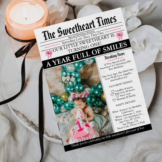 Little Sweetheart Bow First 1st Birthday photo Kaart