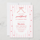 Little Sweetheart Bow First Birthday Invitation Kaart (Voorkant)