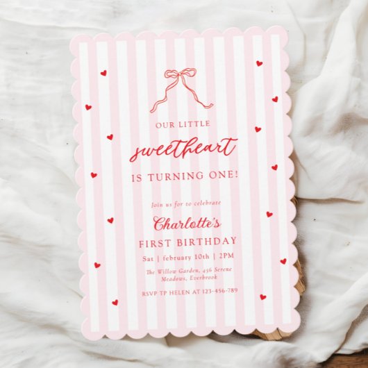 Little Sweetheart Bow First Birthday Invitation Kaart
