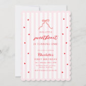 Little Sweetheart Bow First Birthday Invitation Kaart (Voorkant)