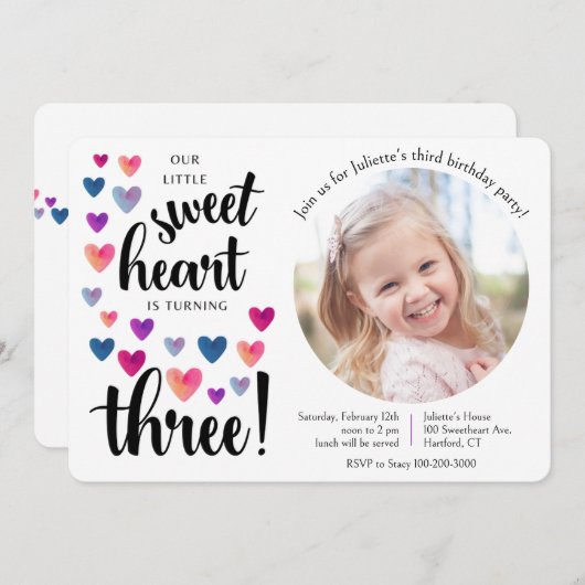 Little Sweetheart derde verjaardag uitnodiging (Voorkant / Achterkant)