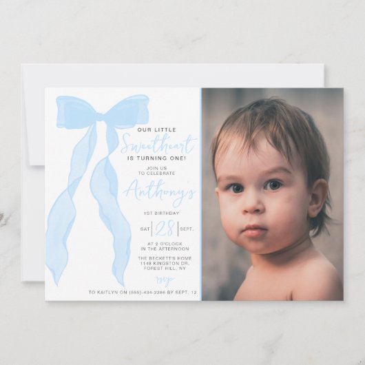 Little Sweetheart Elegant Blue Bow Birthday Photo Kaart (Voorkant)
