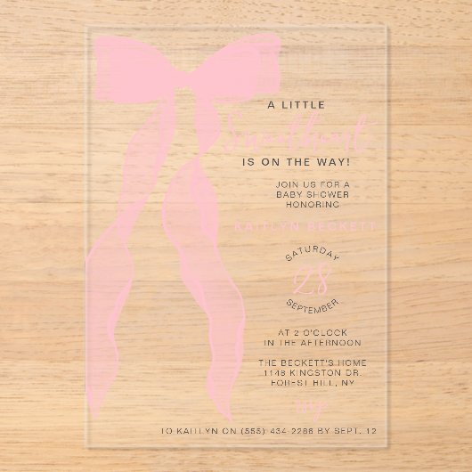 Little Sweetheart Elegant Pink Bow Baby Shower Acryl Uitnodigingen (Voorkant)