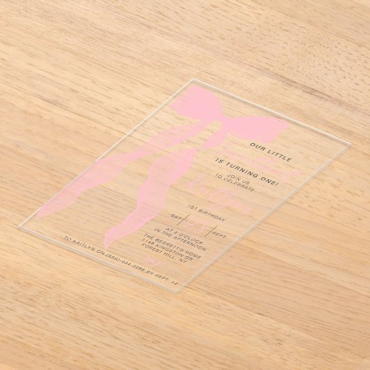 Little Sweetheart Elegant Pink Bow Birthday Party Acryl Uitnodigingen (Laagn)