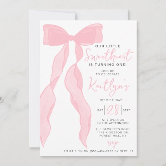 Little Sweetheart Elegant Pink Bow Birthday Party Kaart (Voorkant)