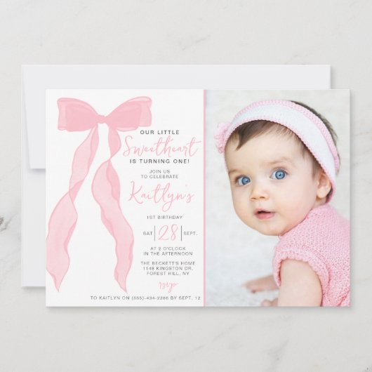 Little Sweetheart Elegant Pink Bow Birthday Photo Kaart (Voorkant)