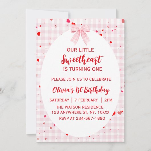 Little Sweetheart First Birthday Invitation. Kaart (Voorkant)