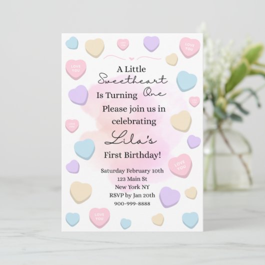 Little Sweetheart First Birthday Party Invitation Kaart (Staand voorkant)