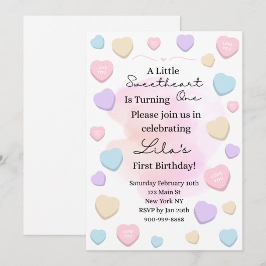 Little Sweetheart First Birthday Party Invitation Kaart (Voorkant / Achterkant)