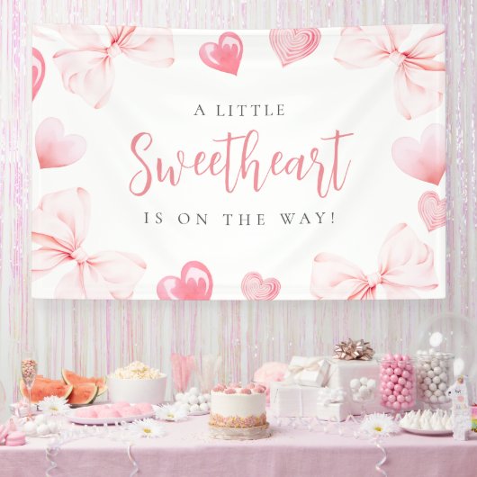Little Sweetheart Pink Bow Baby Shower Backdrop Spandoek (Feest)