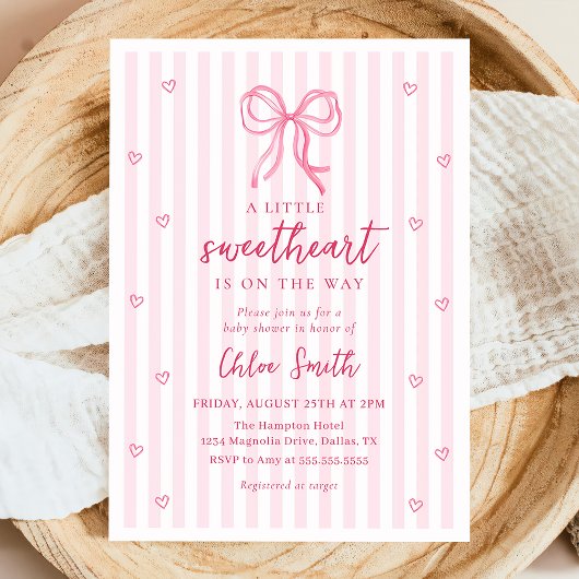 Little Sweetheart Pink Bow Baby Shower Invitation Kaart