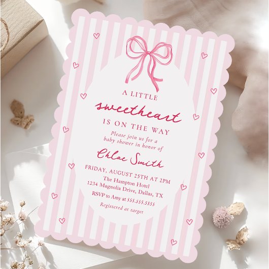 Little Sweetheart Pink Bow Baby Shower Invitation Kaart